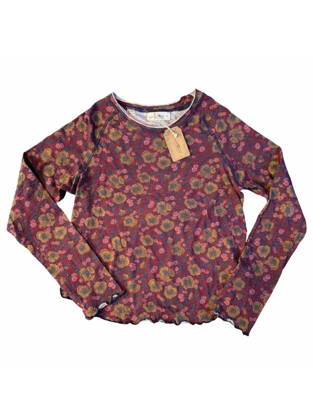 Natural Life S Lily Cotton Long Sleeve Cranberry Brown Floral Lettuce Hem